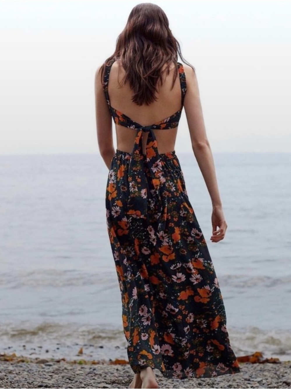 Aritzia Black Floral Open-Back Maxi Dress with Orange & Pink Blooms